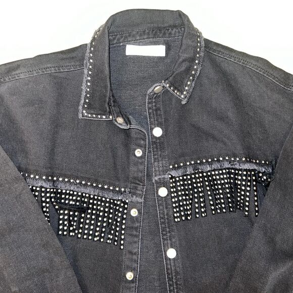 NWOT Zara Fringe Black Denim Studded Shirt Jacket Sz 10 - Picture 2 of 3